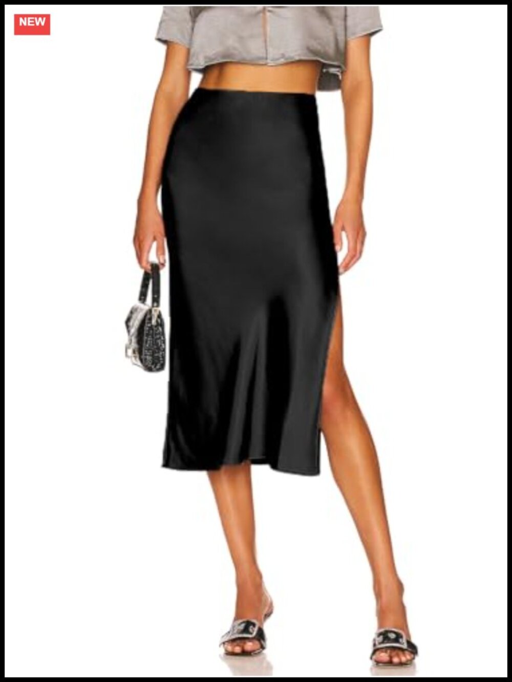 Satin Silk High Waist Slit Midi Skirt Elastic Waistband Elegant Work